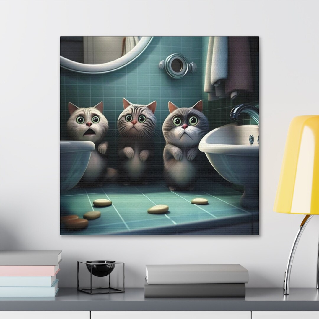 Funny Cat Bathroom Wall Art Canvas Cat Lover Wall Decor Cat Etsy