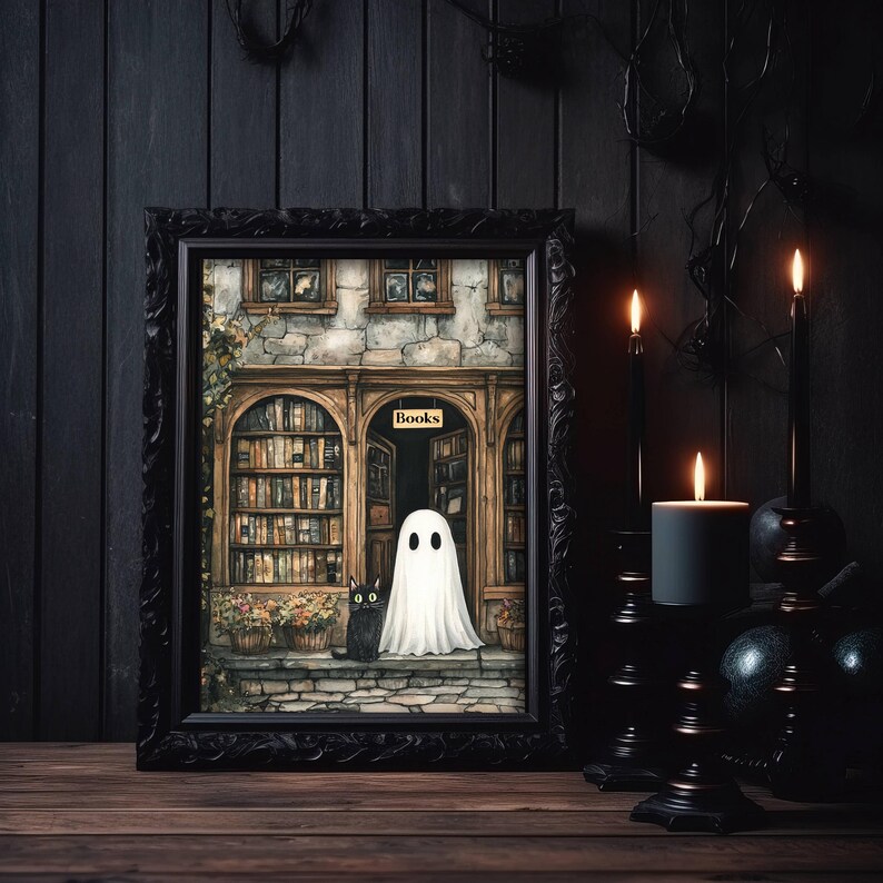 Ghost and Black Cat at Bookstore Poster, Book Lover Halloween Wall Art ...