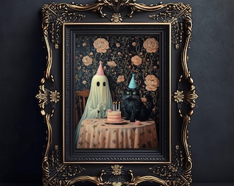 Ghost and Black Cat Birthday Party Poster, Ghost Birthday Cake Print, Spooky Halloween Wall Art, Whimsigoth Print, Halloween Birthday Gift