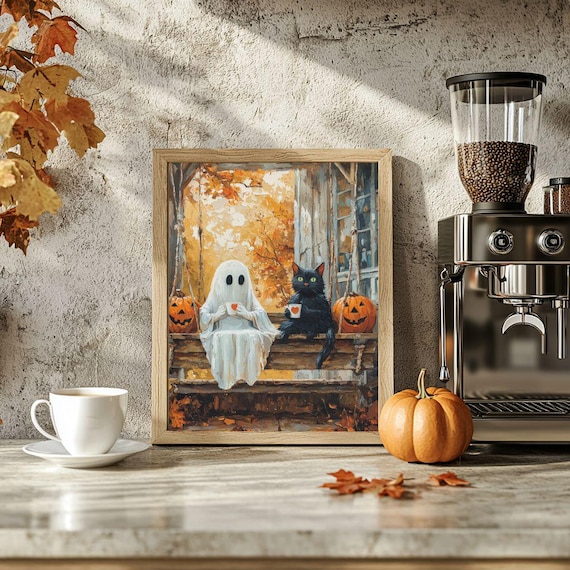 ポーチブランコでコーヒーを飲む幽霊と黒猫のポスター、不気味で