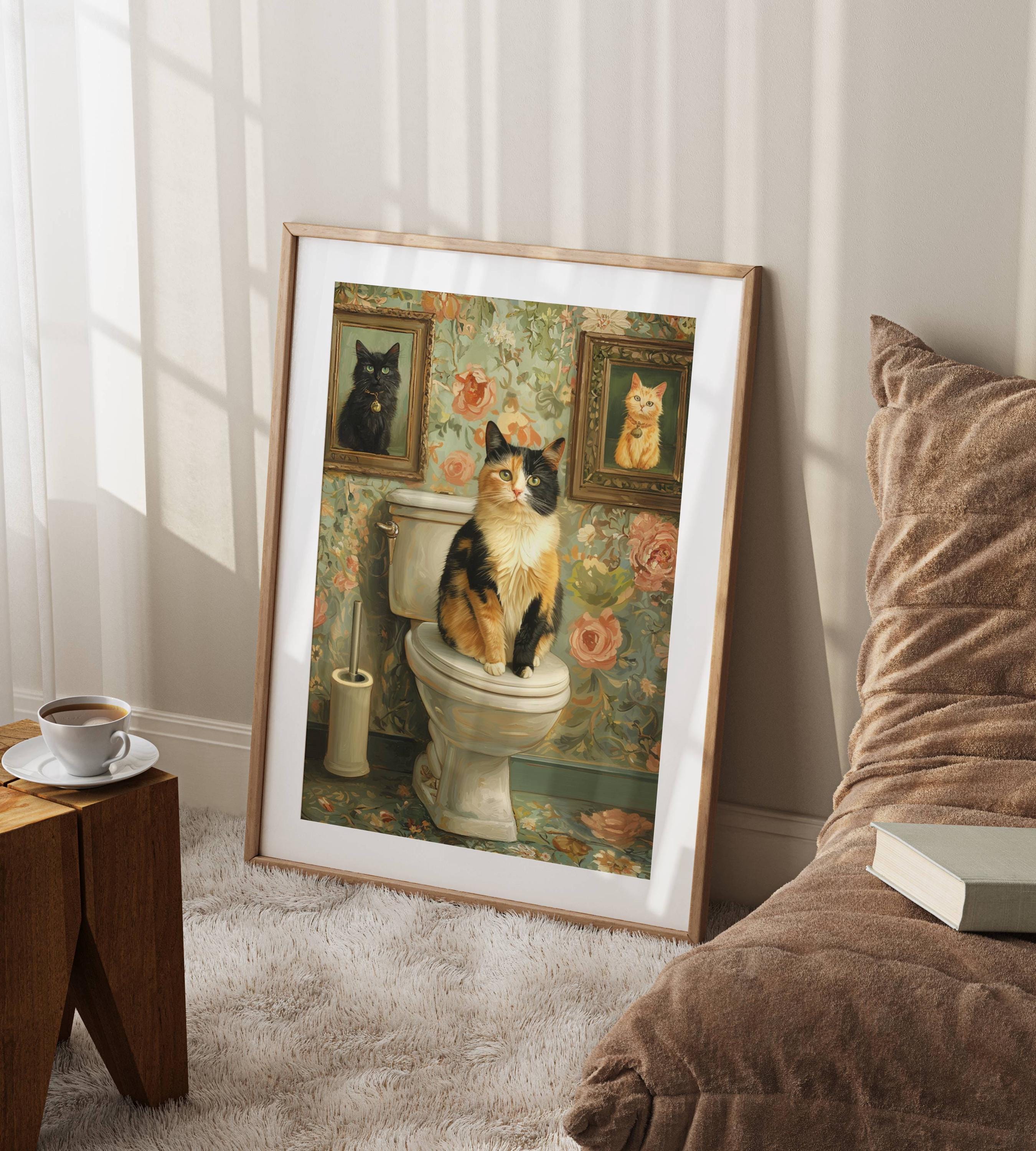 Calico Cat on Toilet Poster, Funny Bathroom Wall Art With Vintage ...