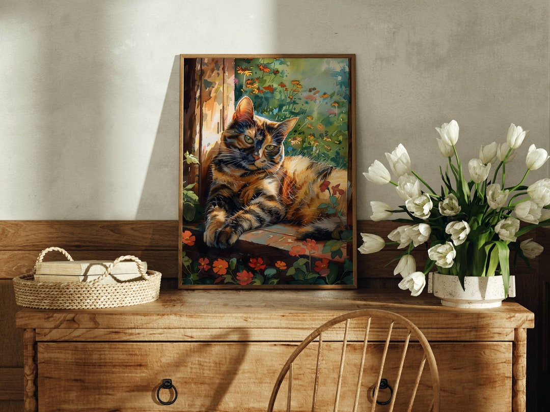 Tortie Cat in Window Poster, Tortoiseshell Kitty Wall Art, Cat Lover
