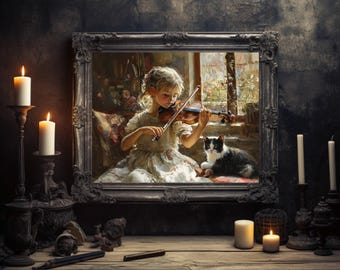 Póster de niña tocando el violín con su gato en esmoquin, decoración de sala de música, impresión de regalo de violinista, impresión de regalo para amantes de los gatos, SIN MARCO
