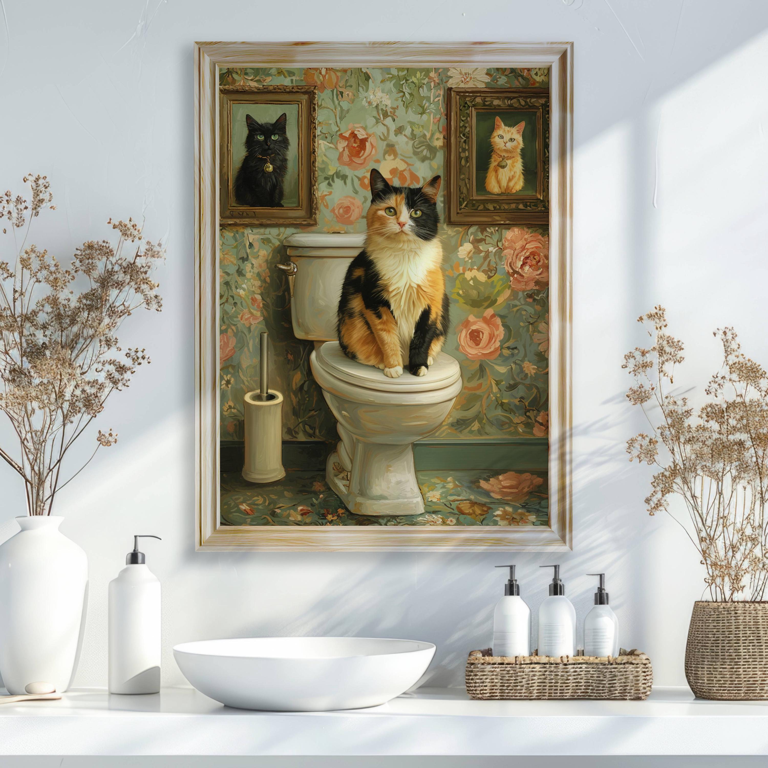 Calico Cat on Toilet Poster, Funny Bathroom Wall Art With Vintage ...
