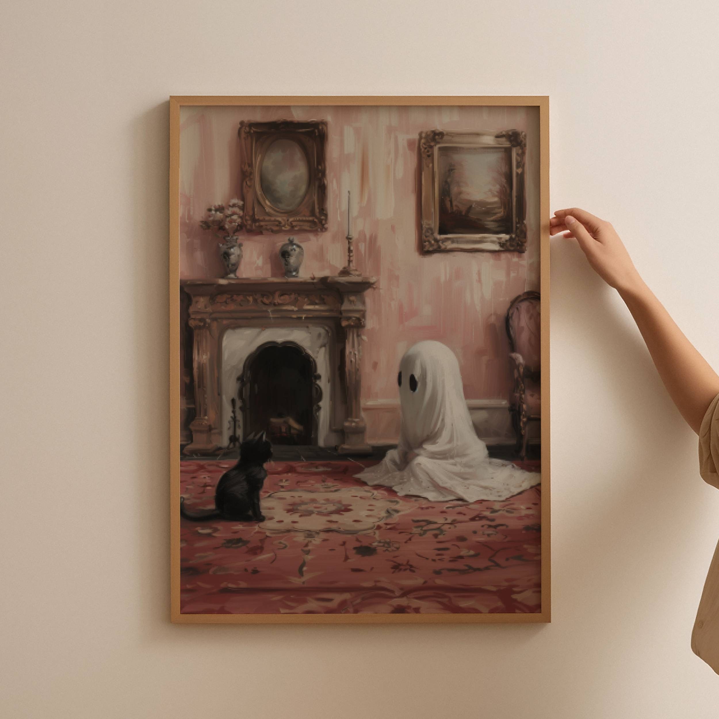 Cute Ghost and Kitten Poster, Black Cat Print, Halloween Wall Art - Etsy