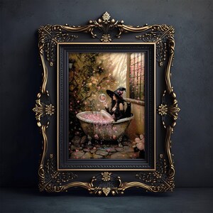 May include: A framed painting depicting a woman in a black dress and witch's hat, relaxing in a bathtub filled with pink rose petals. She is holding a glass orb, and the background features roses and vines.