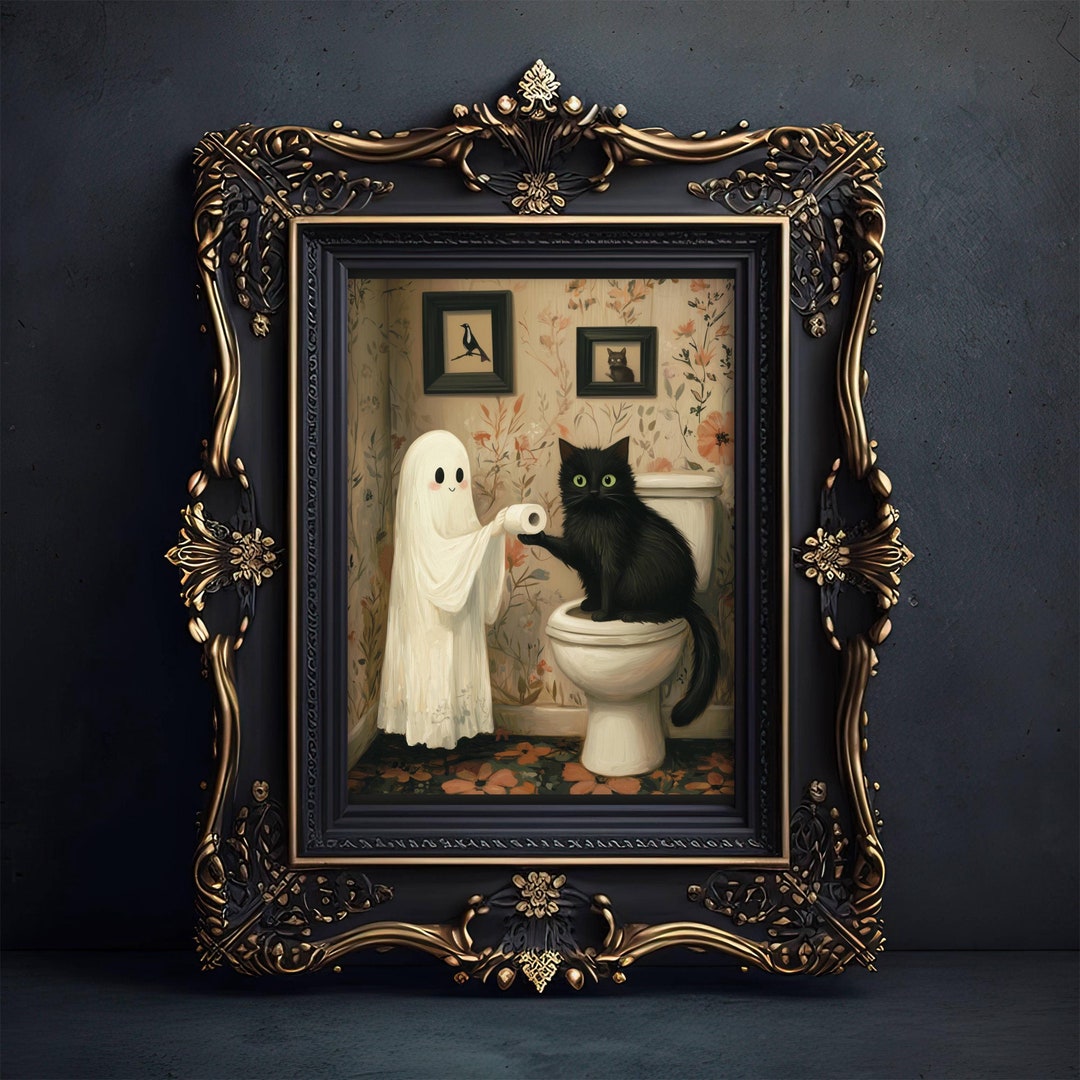 Cute Ghost and Black Cat With Toilet Paper Bathroom Poster, Spooky ...