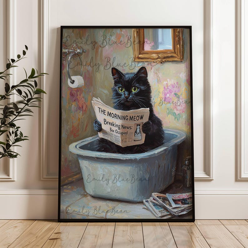 Black Cat Reading Newspaper in Litter Box Wall Art, Funny Cat Bathroom ...