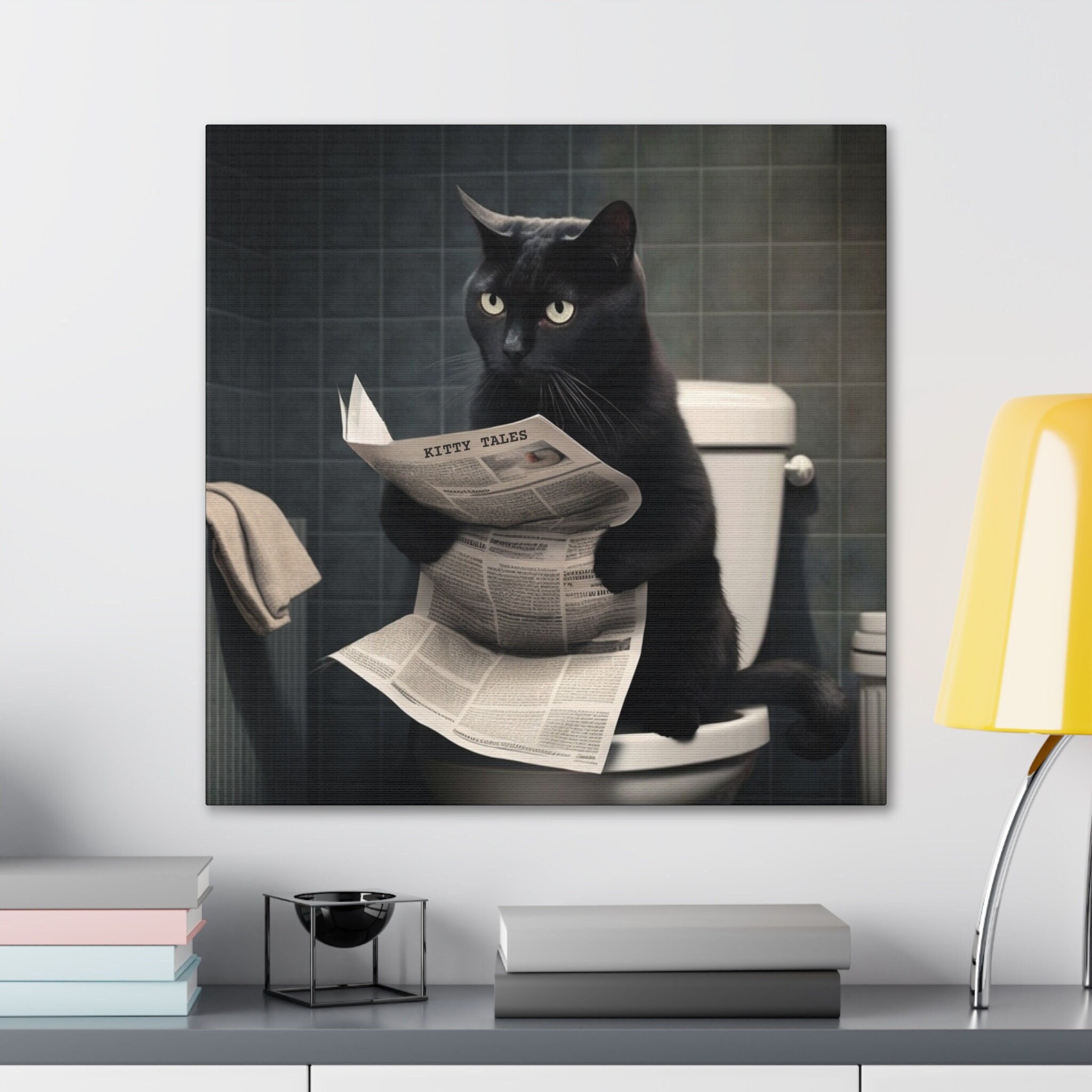 Black Cat Bathroom Wall Art Canvas, Cat Lover Wall Art Gift, Funny Cat