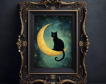 Pôster de gato preto na lua crescente, arte de parede celestial mística, decoração de noite ao luar, impressão de gato gótico de bruxa, impressão de Whimsigoth, SEM MOLDURA