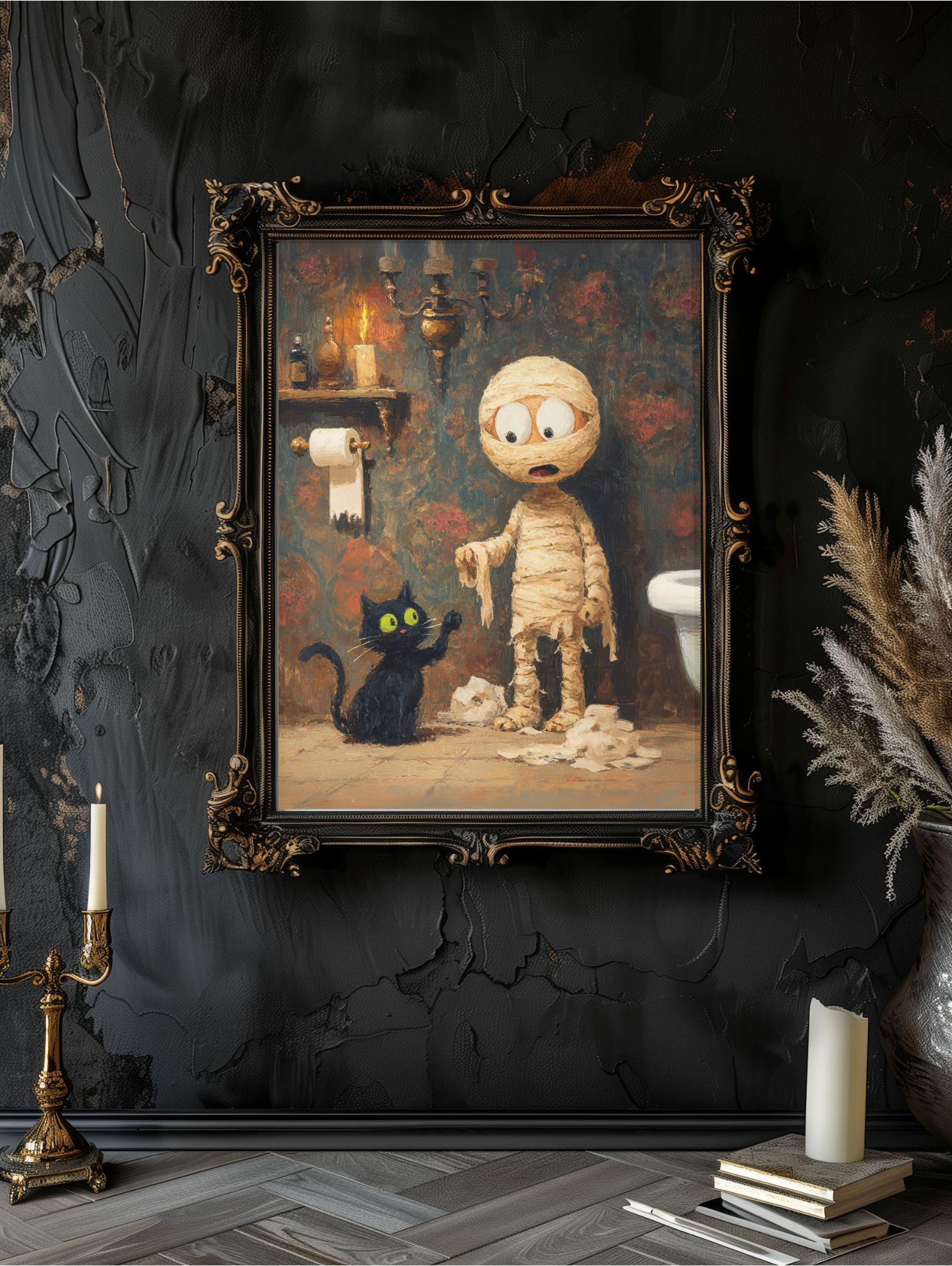 Halloween Black Cat and Mummy Print, Funny Bathroom Art, Spooky Cute ...
