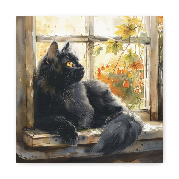 Black Cat Window Canvas Wall Art, Cat Mom Gift Art, Cute Kitty Wall Decor, Black Cat Art