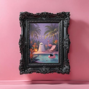 May include: A framed art print depicts a whimsical scene with a ghost, a flamingo, and a black cat in a pool. The artwork is set in a tropical environment with palm trees, a pumpkin, and string lights. The frame is ornate and black.