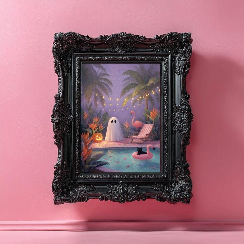 May include: A framed art print depicts a whimsical scene with a ghost, a flamingo, and a black cat in a pool. The artwork is set in a tropical environment with palm trees, a pumpkin, and string lights. The frame is ornate and black.