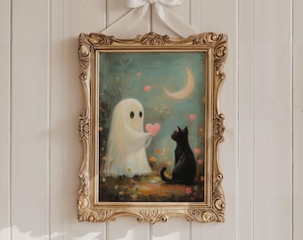 Ghost and Black Cat Valentine's Day Poster, Whimsigoth Valentine Decor, Spooky Cute Wall Art, UNFRAMED