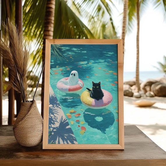 Ghost and Black Cat in Pool Poster, Summerween Wall Art, Whimsigoth Print, Spooky Cute Decor, UNFRAMED