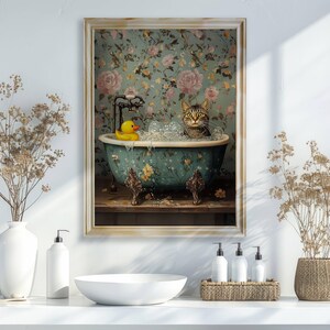 May include: A brown tabby cat sits in a blue and white bathtub with a yellow rubber ducky. The bathtub is on a wooden platform with a floral wallpaper background.