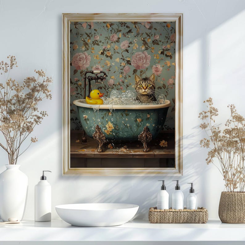 May include: A brown tabby cat sits in a blue and white bathtub with a yellow rubber ducky. The bathtub is on a wooden platform with a floral wallpaper background.