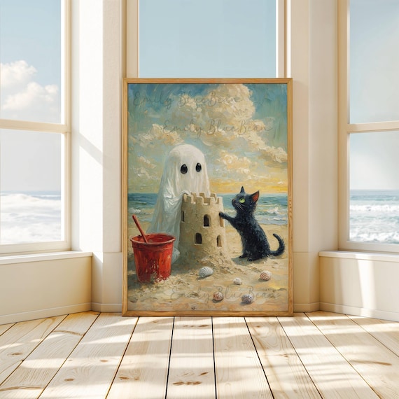 Summerween Ghost & Black Cat Beach Wall Art, Cute Ghost Building Sandcastle with Black Cat, Coastal Halloween Decor, UNFRAMED