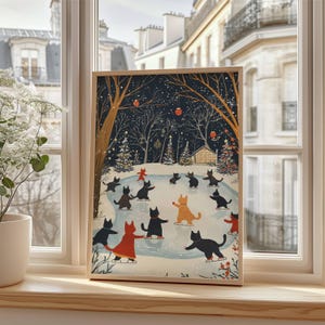 Póster navideño de patinaje sobre hielo con gatos de arte popular, decoración de pared navideña caprichosa, regalo para amantes de los gatos, decoración navideña para el hogar, SIN MARCO