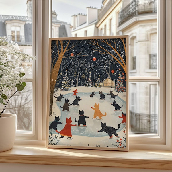 Póster navideño de patinaje sobre hielo con gatos de arte popular, decoración de pared navideña caprichosa, regalo para amantes de los gatos, decoración navideña para el hogar, SIN MARCO
