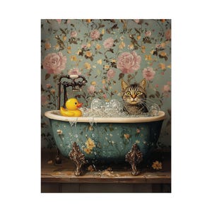 May include: A tabby cat sits in a blue and white floral bathtub with a yellow rubber ducky. The bathtub is on a wooden surface with a floral wallpaper background.