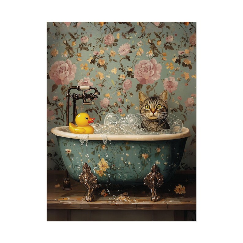 May include: A tabby cat sits in a blue and white floral bathtub with a yellow rubber ducky. The bathtub is on a wooden surface with a floral wallpaper background.
