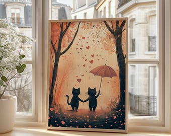 Cats in the Rain Valentine's Day Poster, Valentine Cat Lover Gift, Couple's Wall Art, Cute Kitty Couple Print, Anniversary Gift, UNFRAMED