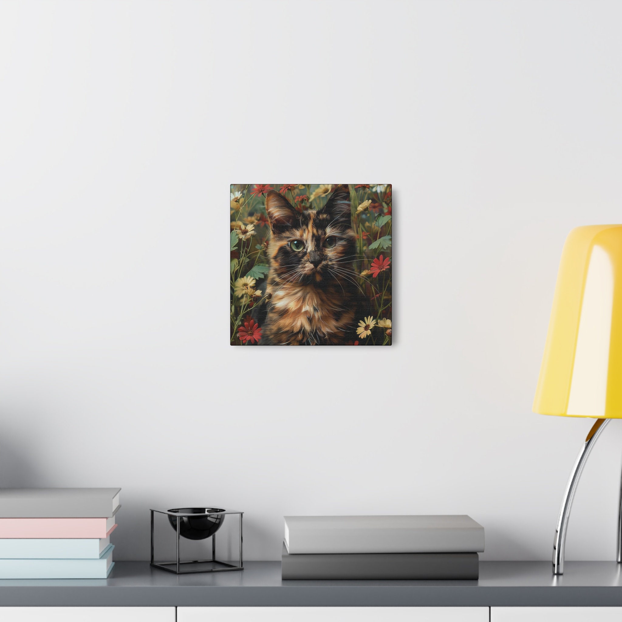 Tortoiseshell Cat Wildflower Canvas Wall Art, Cat Mom Gift Art, Cute