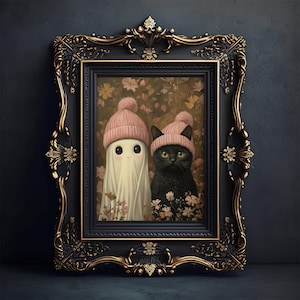 Ghost and Black Cat in Pink Beanies, Cute Print, Spooky Halloween Wall ...