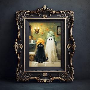 May include: A framed painting depicts a black cat and a ghost in a bathroom setting. The cat wears a yellow towel turban, and the ghost is draped in a white sheet with a green towel on its head. The ornate frame is black with gold accents.