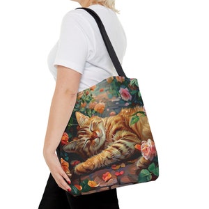 Floral Ginger Cat Tote Bag, Cat Lover Reusable Bag, Cute Kitty Tote, Cat Mom Gift Bag