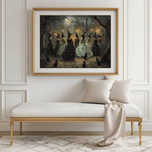 May include: A framed print depicts a gathering of witches in a moonlit forest. The witches, in elegant gowns and pointed hats, are surrounded by black cats. The artwork is set in a gold frame, adding a touch of sophistication to the mystical scene.