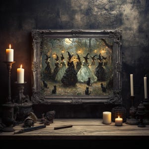 Midnight Gathering of Witches and Black Cats Poster, Coven of Witches Halloween Wall Art, Witchy Home Decor, Whimsigoth Print, UNFRAMED