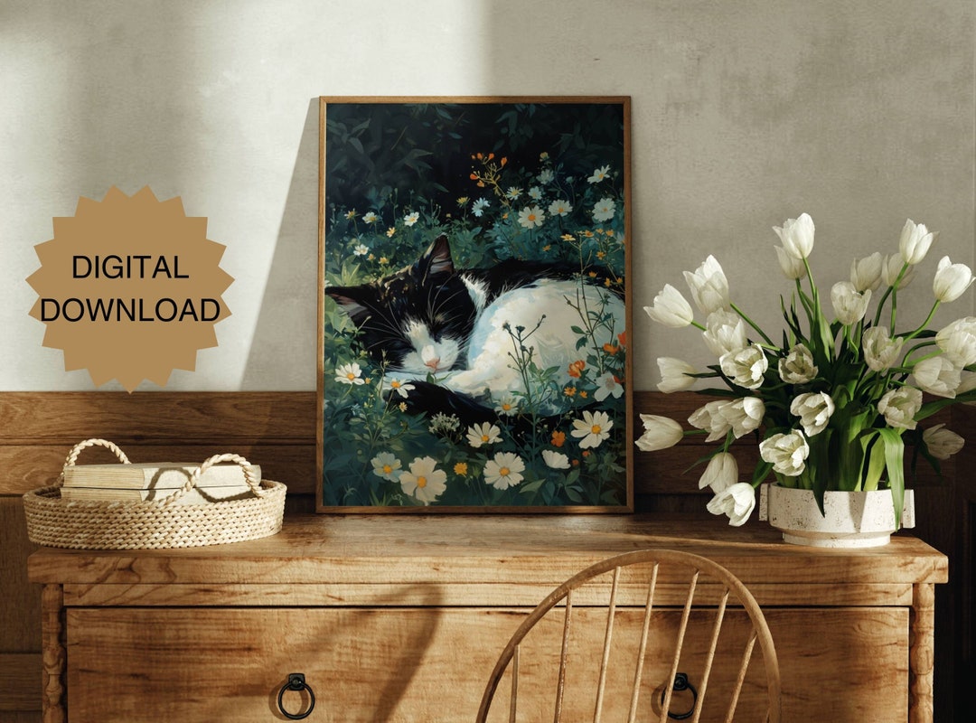 Tuxedo Cat Wildflower DIGITAL DOWNLOAD, Cat PRINTABLE Wall Art - Etsy