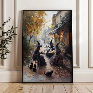 Witch Cafe Poster, Witchy Impressionist Print, Halloween Witches and Black Cats Wall Art, Whimsigoth Art, Moody Wall Art, UNFRAMED