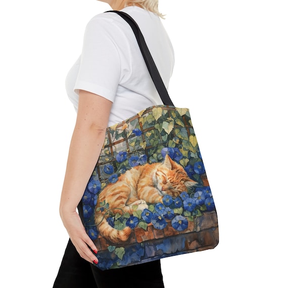 Ginger Cat Morning Glory Tote Bag, Cat Lover Reusable Bag, Cute 