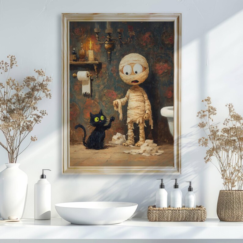 Halloween Black Cat and Mummy Print, Funny Bathroom Art, Spooky Cute ...
