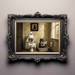 Op de afbeelding: Een ingelijste kunstdruk met een witte geest op een toilet die een krant genaamd Phantom Press leest en een zwarte kat in een kattenbak die een krant genaamd Daily News leest, met een klein ingelijst kattenplaatje aan de muur.