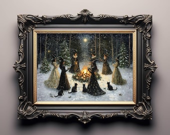 Winter Sonnenwende Hexen & schwarze Katzen Wand Kunst Poster, magisches Yuletide Lagerfeuer, Hexe Weihnachtsdekor, gemütlicher Gothic Urlaub, UNGERAHMT
