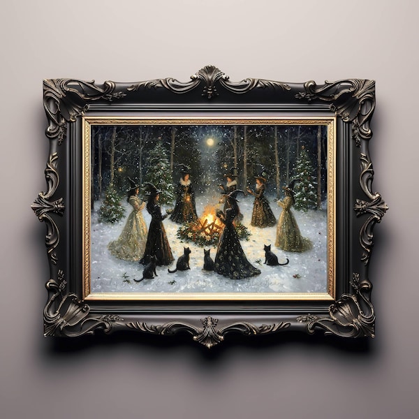 Winter Solstice Witches & Black Cats Wall Art Poster, Magical Yuletide Bonfire, Witch Christmas Decor, Cozy Gothic Holiday Print, UNFRAMED