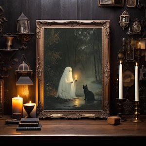 Ghost and Black Cat in Forest Wall Art Poster, Spooky Halloween Art, Black Cat Print, Whimsigoth Home Decor, UNFRAMED
