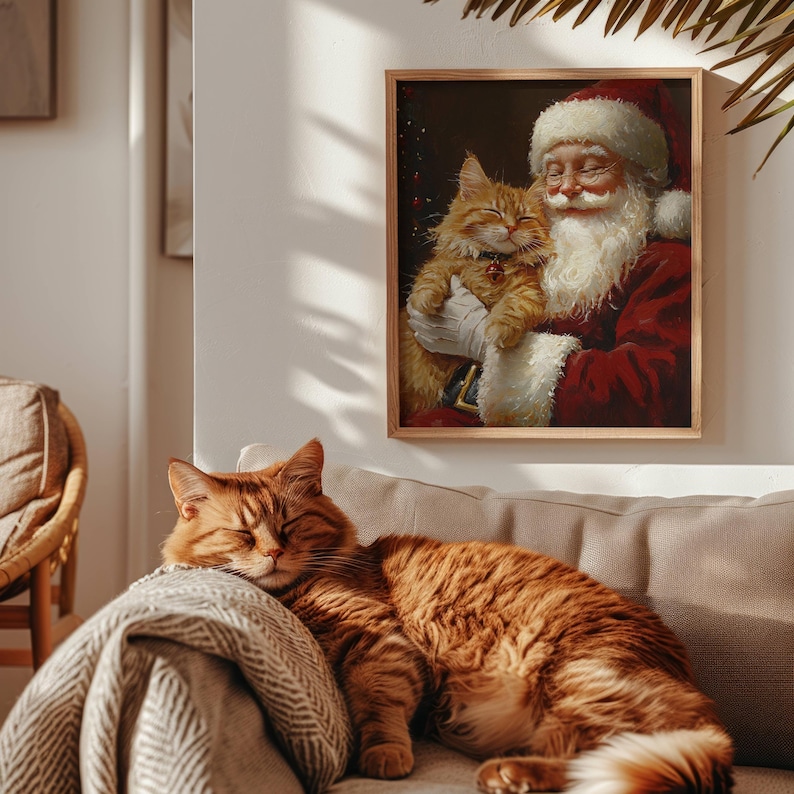 May include: A painting of Santa Claus holding a ginger cat in his arms. Santa is wearing a red suit with white trim and a white beard. The cat is looking at the viewer with its eyes closed. The painting is framed in wood.