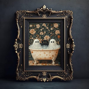 Ghosts and Cat in Bathtub, Spooky Bubblebath Halloween Art, Black Cat Print, Whimsigoth Bathroom Decor