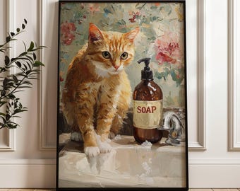 Poster con gatto rosso e lavandino del bagno, decorazione murale con gatto arancione, decorazione da bagno per amanti dei gatti, regalo per mamme gatte, SENZA CORNICE