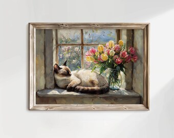 May include: A painting of a Siamese cat sleeping in a windowsill with a vase of pink and yellow tulips in front of it.