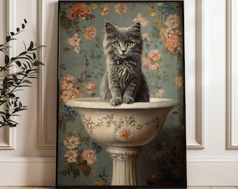 Gray Cat in Pedestal Sink Wall Art Poster, Victorian Floral Bathroom Decor, Elegant Cat Lover Gift, UNFRAMED