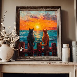 May include: A painting of two cats sitting on a wooden fence overlooking a sunset over the ocean. The cat on the left is black and the cat on the right is orange.