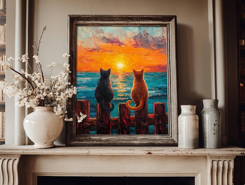May include: A painting of two cats sitting on a wooden fence overlooking a sunset over the ocean. The cat on the left is black and the cat on the right is orange.