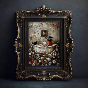 May include: An artwork in a decorative black and gold frame shows a woman in a bathtub, reading, with a black cat. The scene is surrounded by flowers. The frame enhances the vintage and whimsical feel of the floral artwork.